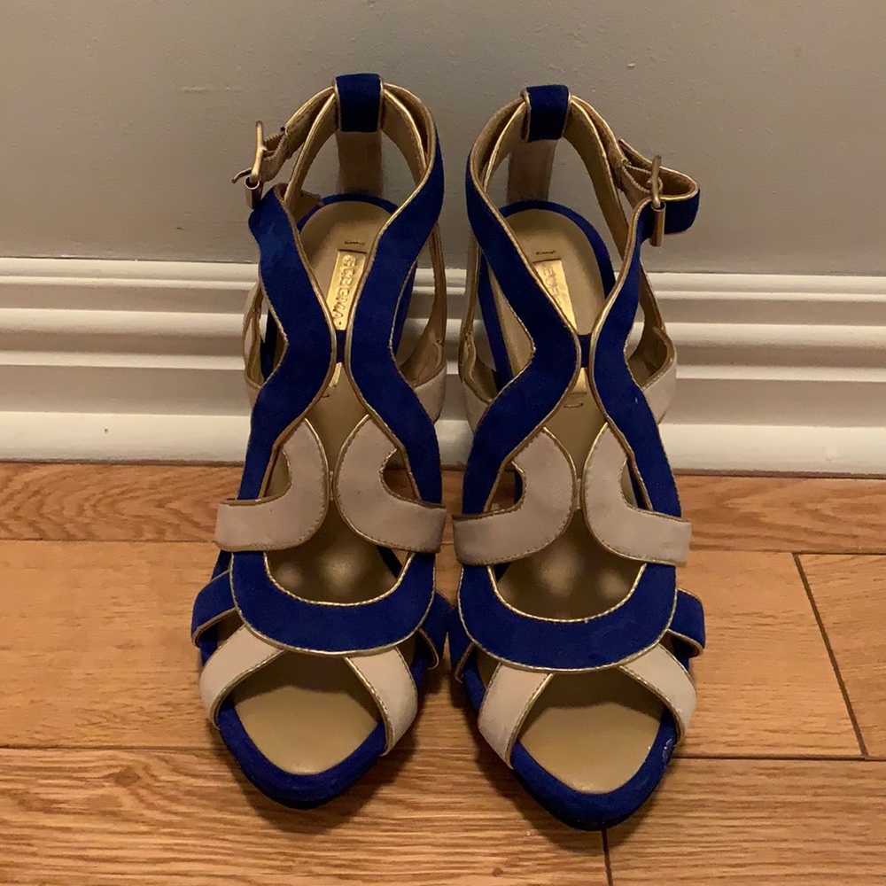 BCBGMaxAzria Blue and Beige Suede Strappy Heels